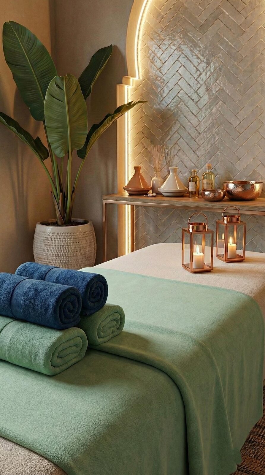 Table de massage et linge frais installés dans un riad marrakchi