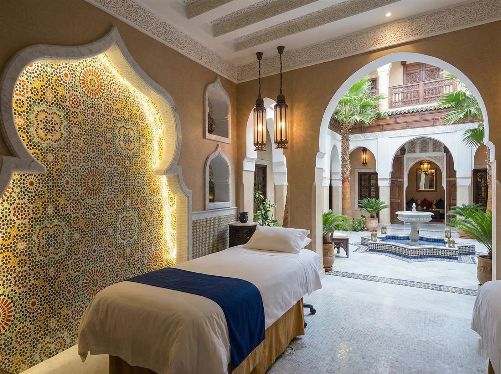 Espace de soin avec table de massage dans un patio marrakchi