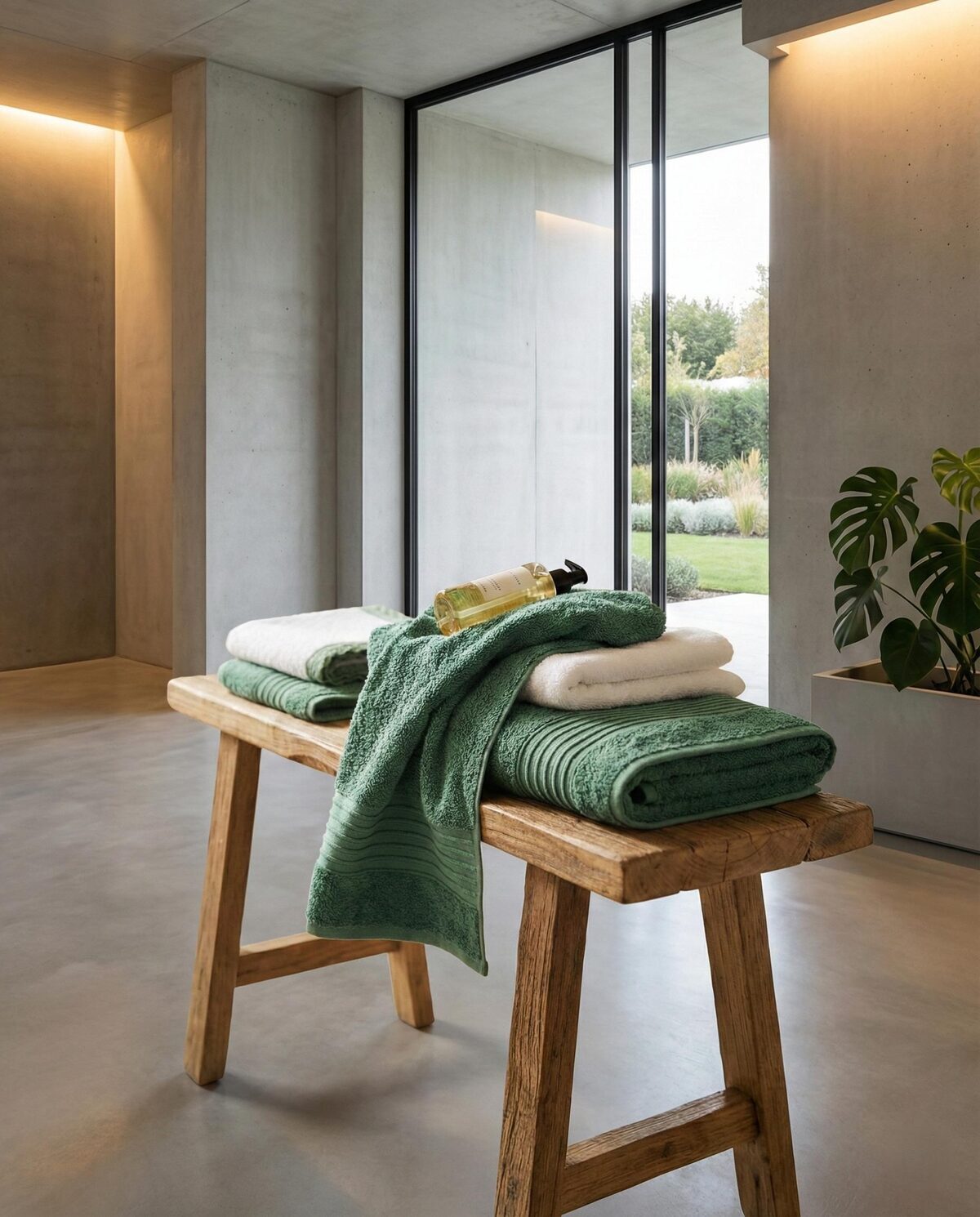Table de massage face à une baie vitrée, linge frais plié